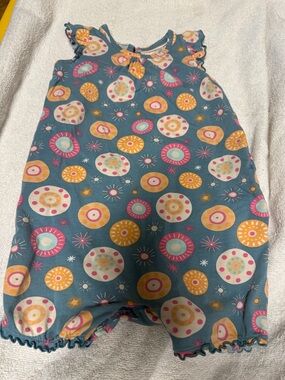 Ruffle Butts Teal Romper with Pink, Yellow & White Circle Print